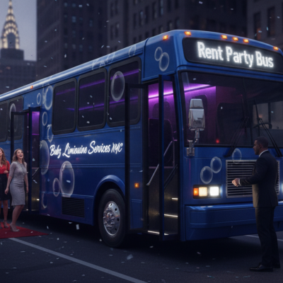 Blue party bus with red carpet in NYC