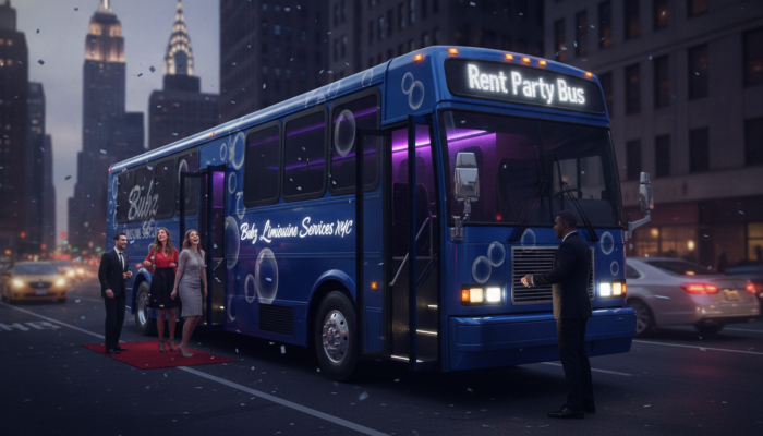 Blue party bus with red carpet in NYC