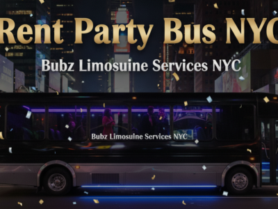 NYC party bus with neon lights at night