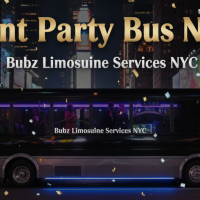 NYC party bus with neon lights at night
