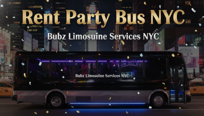 NYC party bus with neon lights at night