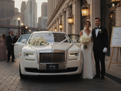 Bride and groom beside decorated Rolls-Royce wedding car