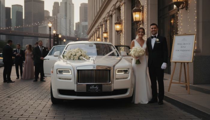 Bride and groom beside decorated Rolls-Royce wedding car