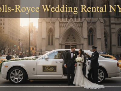 Bride and groom exiting Rolls-Royce wedding car NYC