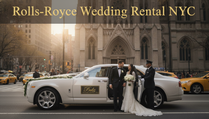 Bride and groom exiting Rolls-Royce wedding car NYC