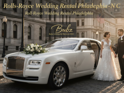 Bride and groom beside white Rolls-Royce wedding car