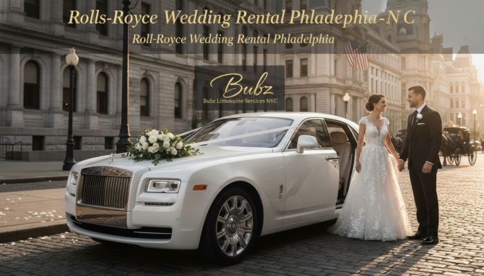 Bride and groom beside white Rolls-Royce wedding car