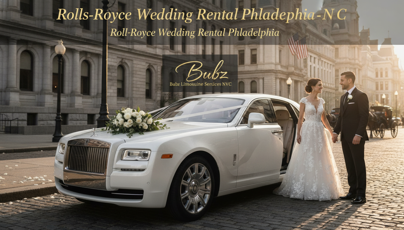 Bride and groom beside white Rolls-Royce wedding car
