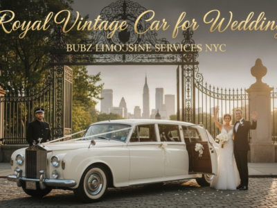 Bride and groom beside vintage white wedding limousine