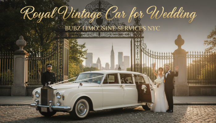 Bride and groom beside vintage white wedding limousine
