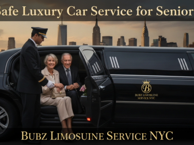 Chauffeur assisting senior couple into luxury limousine NYC