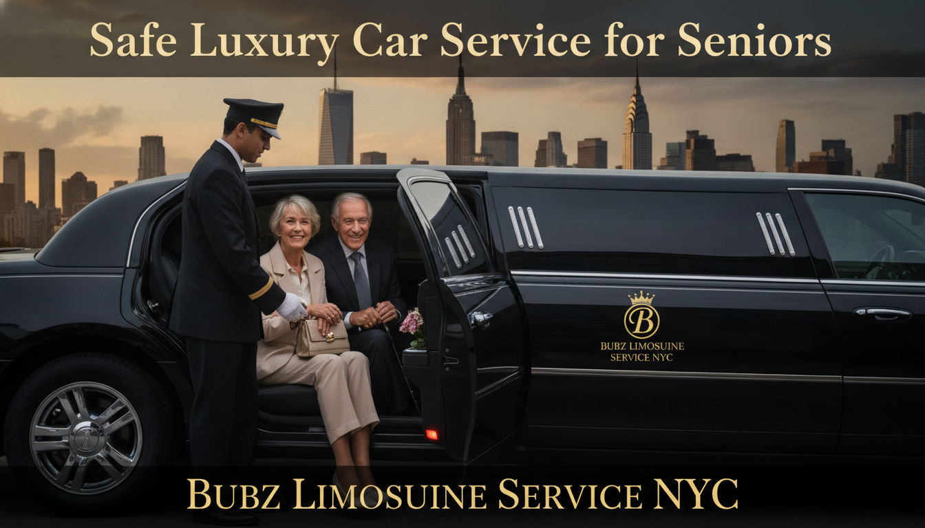 Chauffeur assisting senior couple into luxury limousine NYC