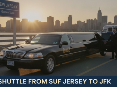 Black limousine and chauffeur in New Jersey at sunset