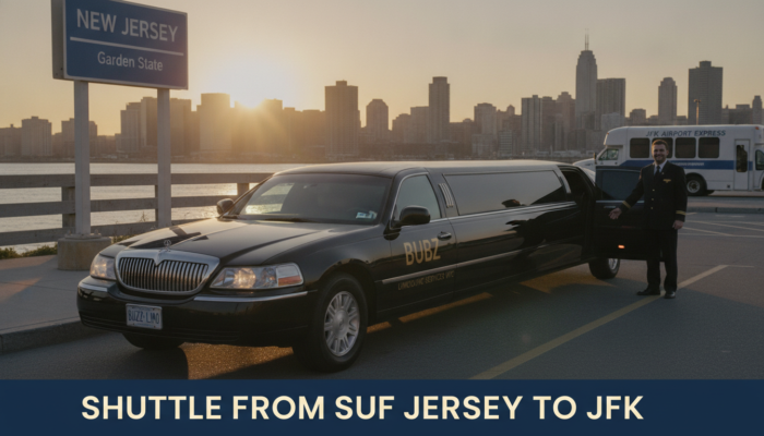 Black limousine and chauffeur in New Jersey at sunset