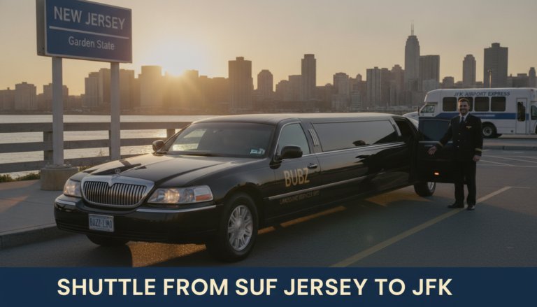 Black limousine and chauffeur in New Jersey at sunset