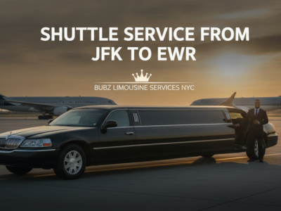 Black stretch limousine at airport with JFK and EWR planes