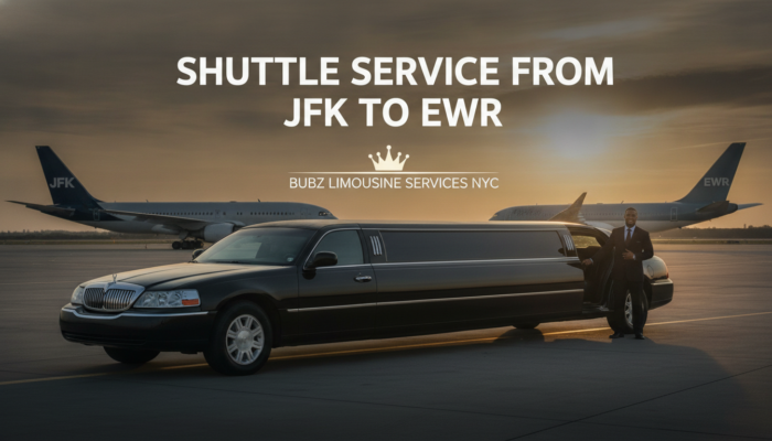 Black stretch limousine at airport with JFK and EWR planes