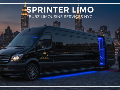 Black Sprinter limo with NYC skyline at night