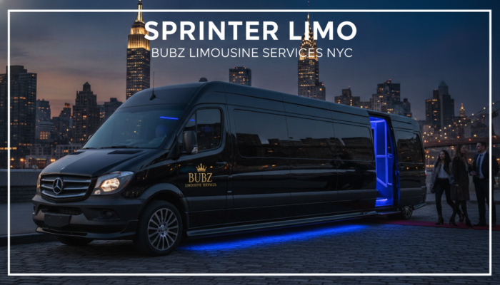 Black Sprinter limo with NYC skyline at night
