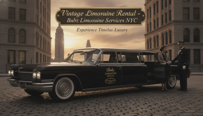 Vintage black limousine with chauffeur in NYC street