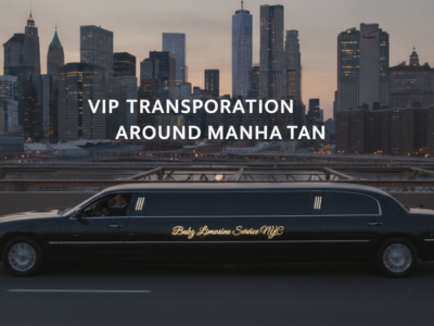 Black stretch limousine driving past Manhattan skyline at dusk