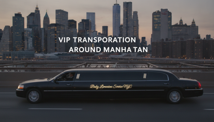 Black stretch limousine driving past Manhattan skyline at dusk