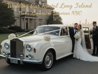 Bride and groom exiting vintage wedding limousine