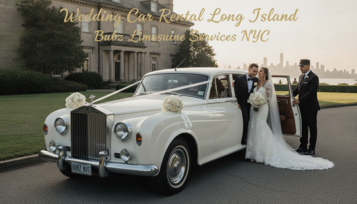 Bride and groom exiting vintage wedding limousine