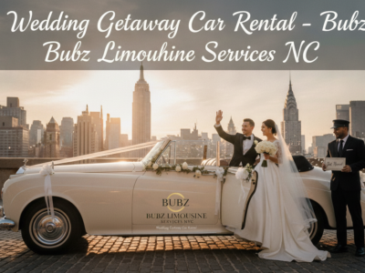 Bride and groom in vintage wedding convertible, city skyline