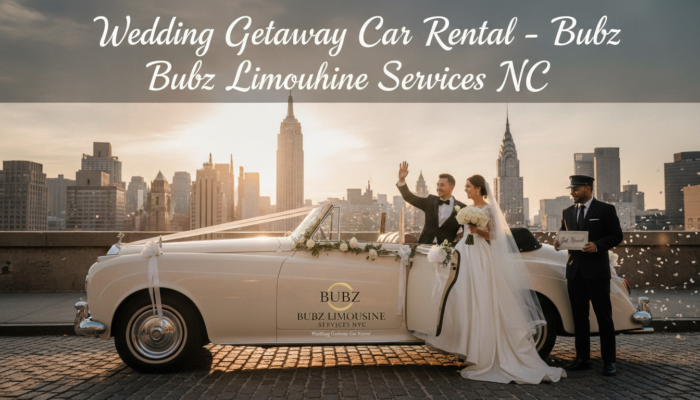Bride and groom in vintage wedding convertible, city skyline