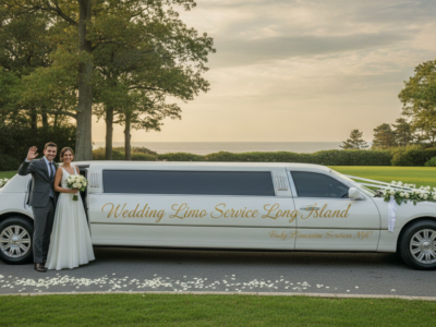 Bride and groom beside white wedding limousine