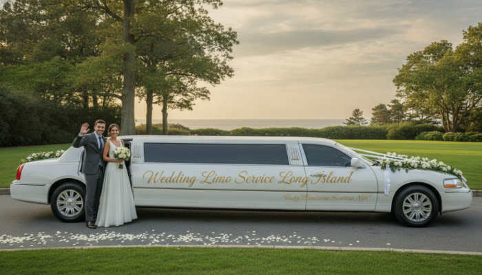 Bride and groom beside white wedding limousine