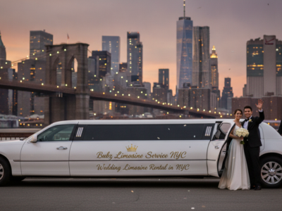 Bride and groom beside limousine, NYC skyline sunset