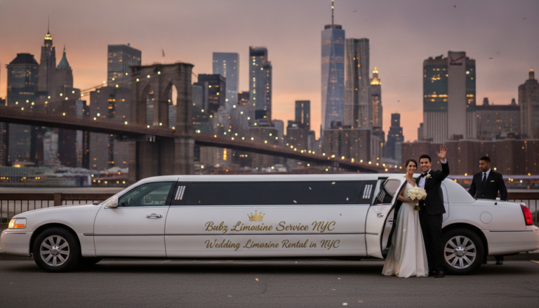 Bride and groom beside limousine, NYC skyline sunset