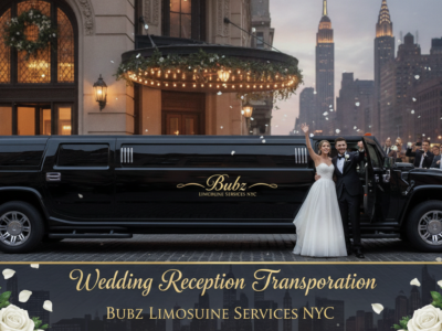 Bride and groom beside black stretch limousine NYC