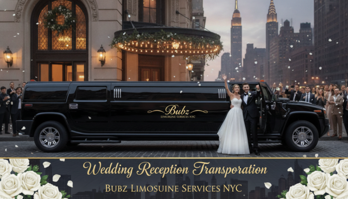 Bride and groom beside black stretch limousine NYC