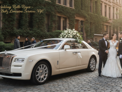 Bride and groom beside white Rolls-Royce wedding car