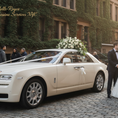 Bride and groom beside white Rolls-Royce wedding car