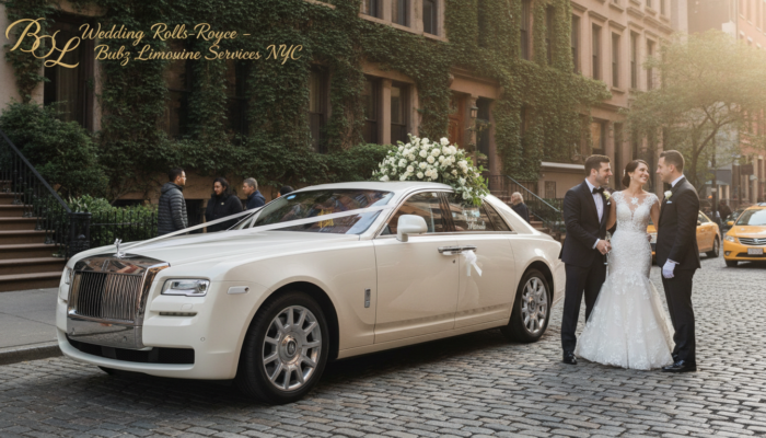 Bride and groom beside white Rolls-Royce wedding car
