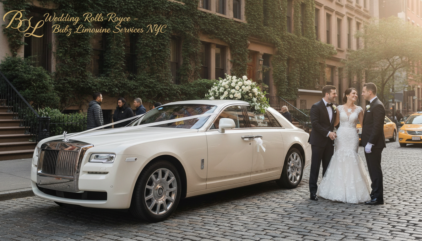 Bride and groom beside white Rolls-Royce wedding car