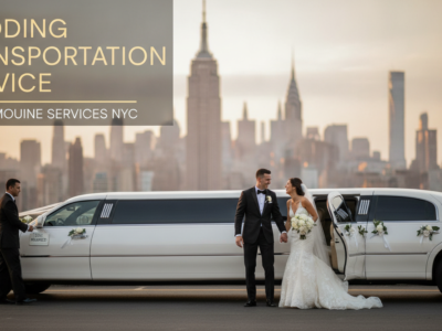 Bride and groom exiting limousine with NYC skyline.