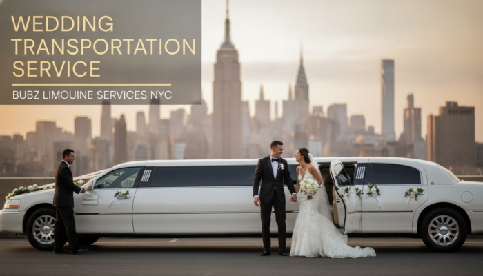 Bride and groom exiting limousine with NYC skyline.