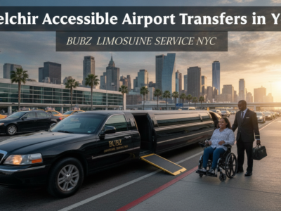Wheelchair user boarding accessible limousine at airport curb
