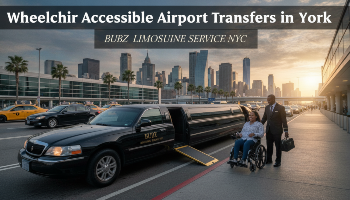 Wheelchair user boarding accessible limousine at airport curb