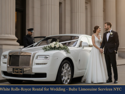Bride and groom beside white Rolls-Royce wedding car