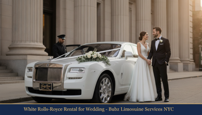 Bride and groom beside white Rolls-Royce wedding car