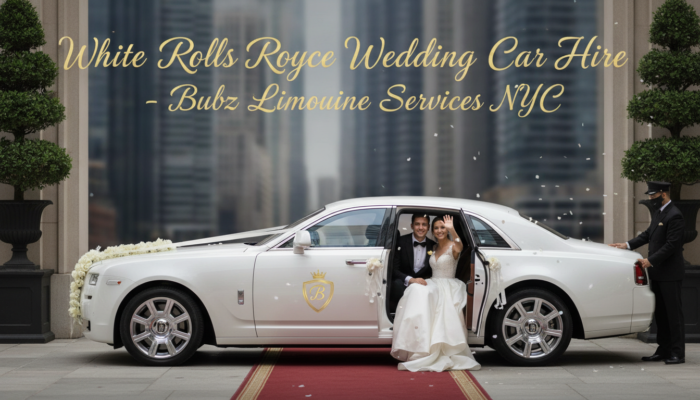 Bride and groom in white Rolls-Royce wedding car