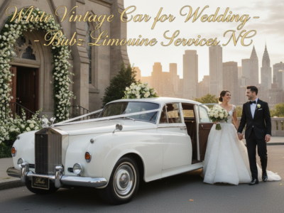 Bride and groom beside white vintage wedding car
