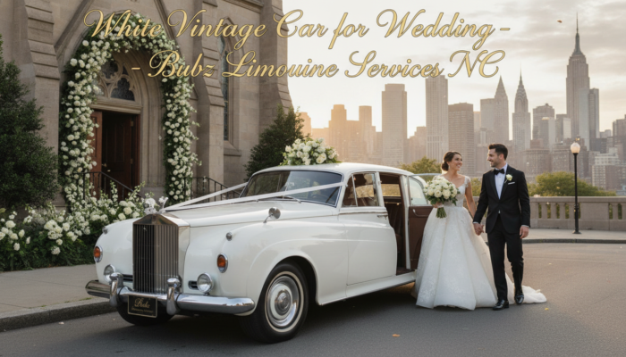 Bride and groom beside white vintage wedding car