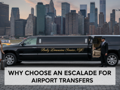 Black Escalade limousine with couple at NYC skyline